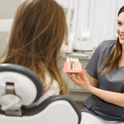 Dental Hygienist Showing Patient Tooth and Gum Model in Dental Office