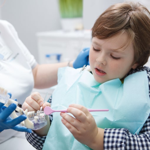 Kid boy in plaid shirt playing with dental model at Sekhon Family Dentistry