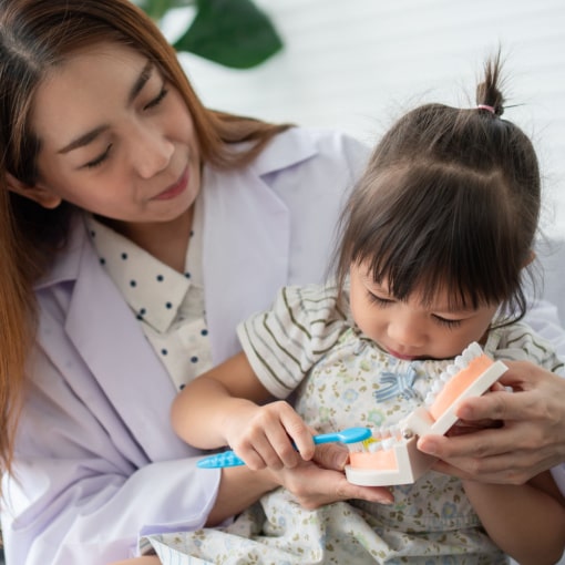 Asian female dentist teaching cute little girl brushing teeth with toothbrush