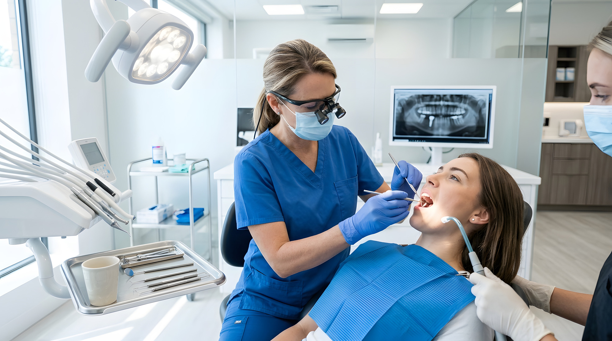 Dentist inspects teeth dental implant