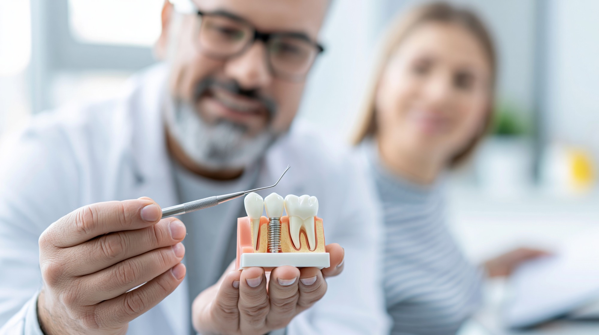 Dentist explaining dental implant procedure using a detailed tooth model to a patient.