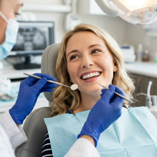 Professional dentist examining female patient teeth with mirror and probe in clinic.